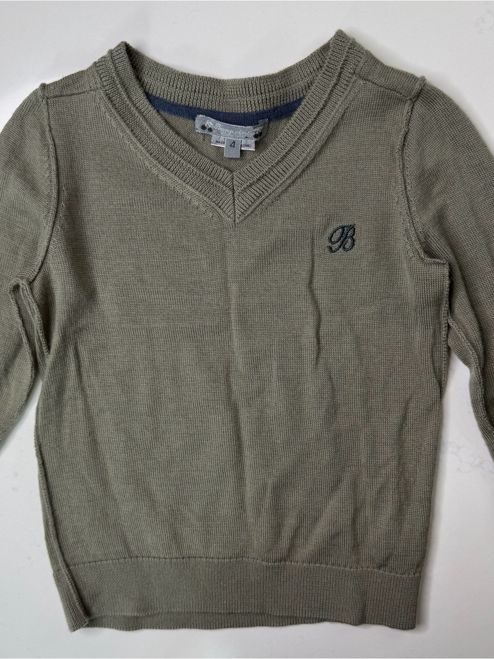 Bonpoint Boys Wool Sweater Size 4 Olive Green V-Neck 100% Wool Embroidered Logo
